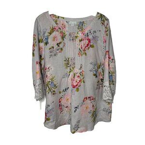 j.jill love linen Tunic L Pintuck Pleats Front Lace Cuffs Birds Pink Floral Top